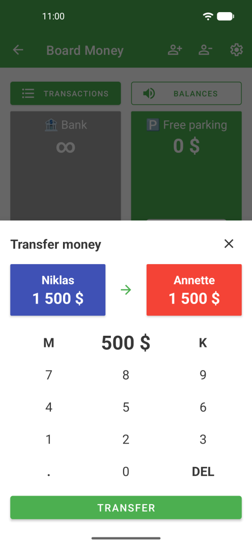 Swipe calculator for quick money transfers between players