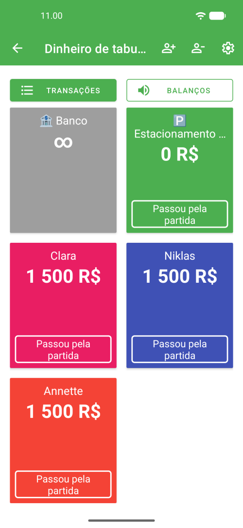 Tela principal do Board Money mostrando saldos dos jogadores e conta Free Parking