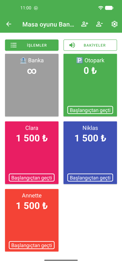 Board Money ana ekranı, oyuncu bakiyeleri ve Free Parking hesabı