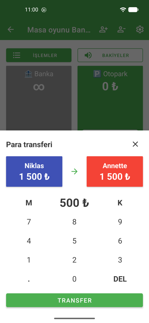 Oyuncular arasında hızlı para transferi için kaydırma hesap makinesi