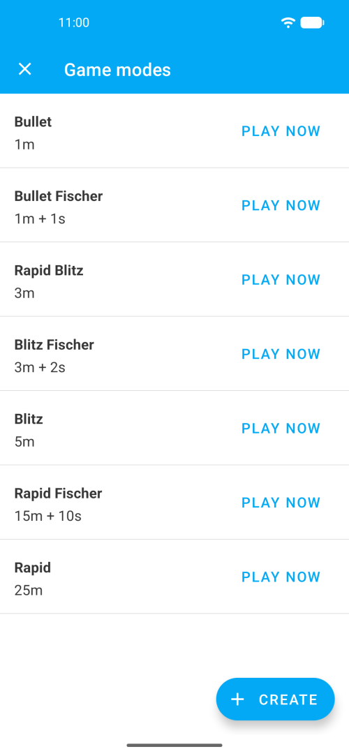 Time control selection with Bullet, Blitz, Rapid and custom options