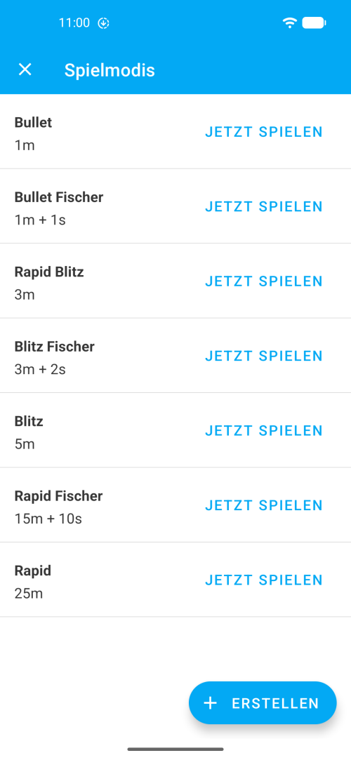 Zeitkontroll-Auswahl mit Bullet, Blitz, Rapid und eigenen Optionen