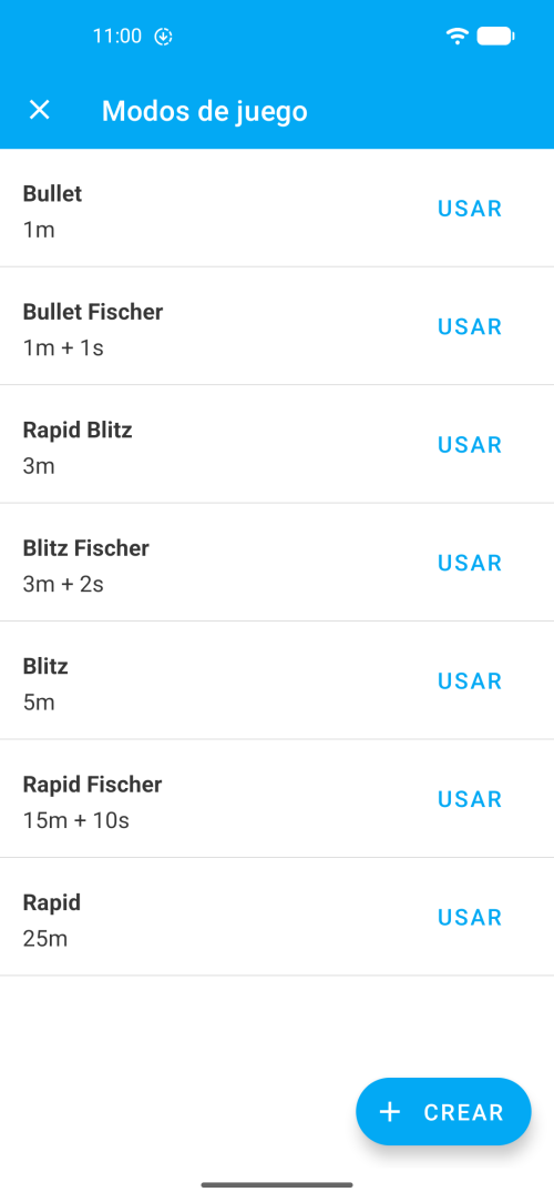 Selección de control de tiempo con opciones Bullet, Blitz, Rapid y personalizadas
