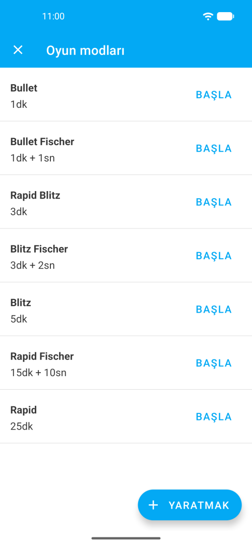 Bullet, Blitz, Rapid ve özel seçeneklerle zaman kontrolü seçimi