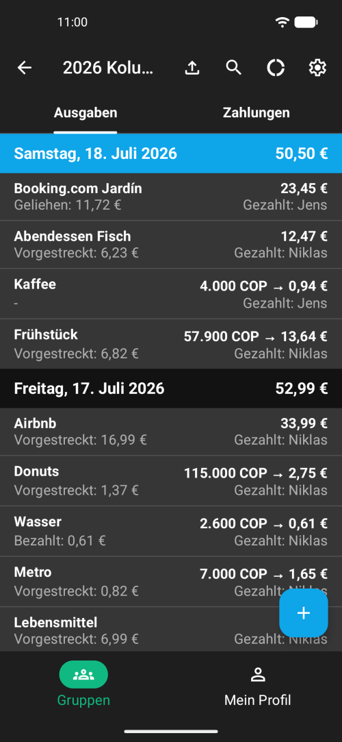 Klare chronologische Liste aller Gruppenausgaben mit Tagessummen und Aufteilungsdetails