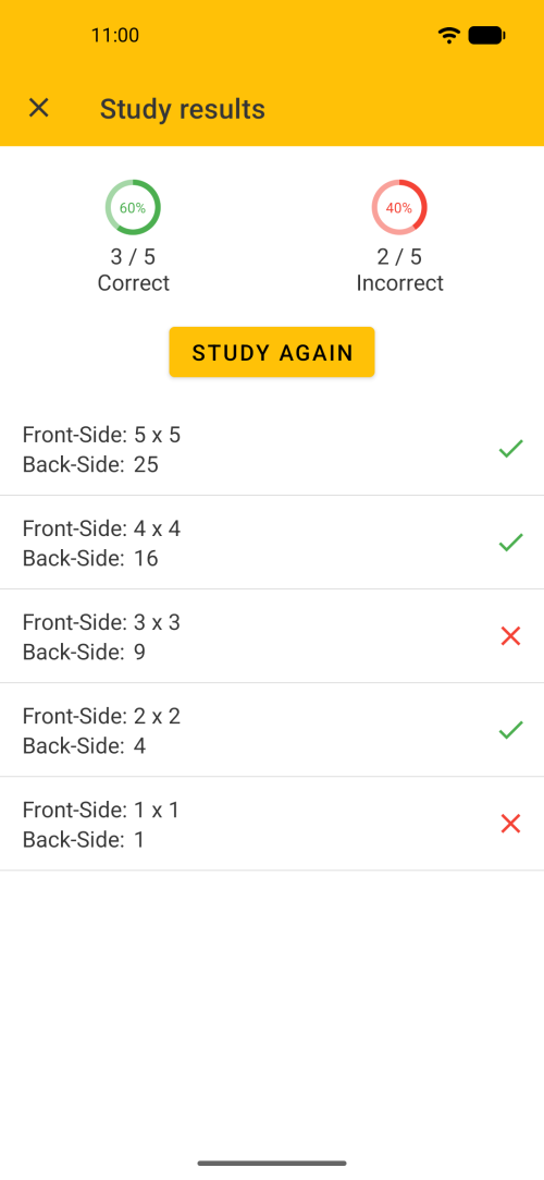 Flashcard Study results: Option to learn again all incorrect cards