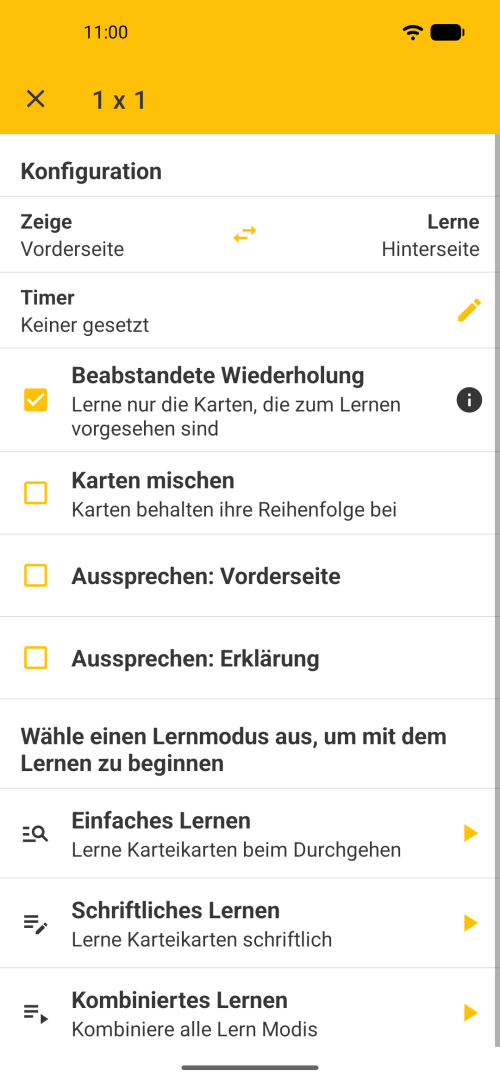 Hauptbildschirm von Flashcards Maker Offline mit Decks und Wiederholungsoptionen