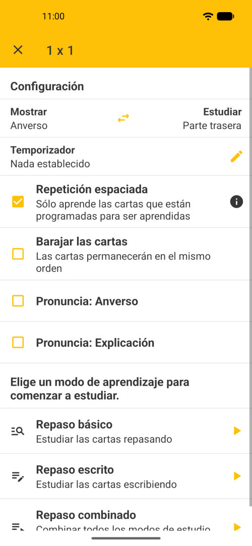 Pantalla principal de Flashcards Maker Offline mostrando mazos y opciones de repaso