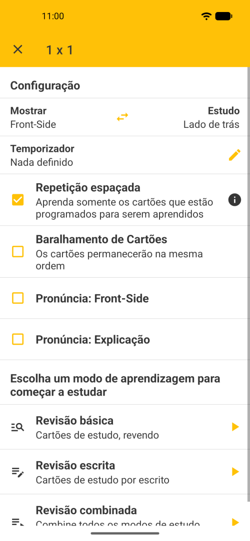 Tela principal do Flashcards Maker Offline mostrando decks e opções de revisão