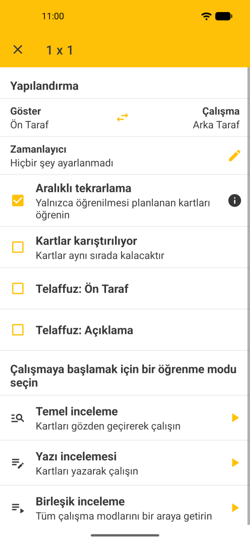 Flashcards Maker Offline ana ekranı, desteler ve tekrar seçenekleri