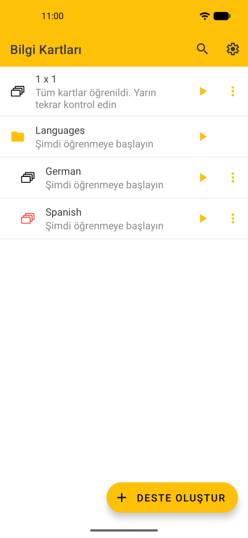 Flashcard oluştur ve destelerde düzenle