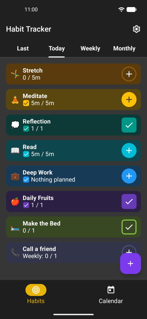 Habit Tracker Offline today view with daily habits