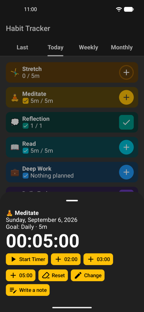 Timer options or set the time manually afterwards; note taking is optional