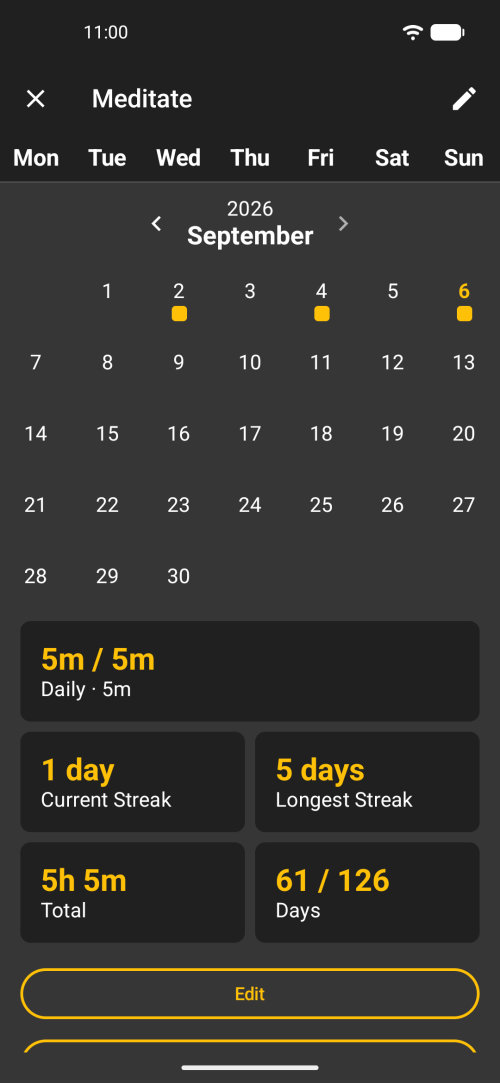 Habit detail with streak, journal note and reminder settings