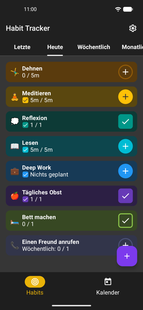 Heute-Ansicht des Offline-Habit-Trackers mit täglichen Gewohnheiten