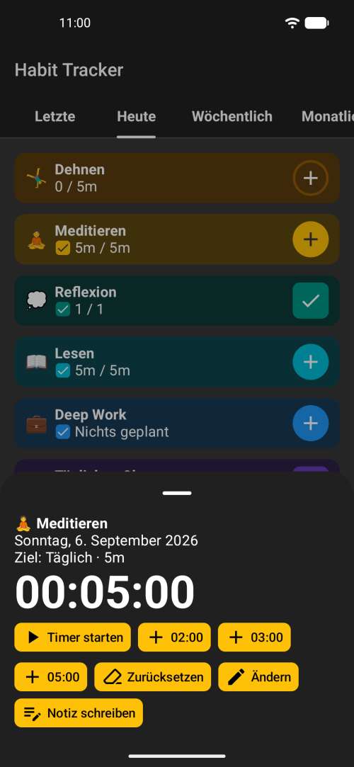 Timer-Optionen oder die Zeit anschließend manuell einstellen; Notizen sind optional