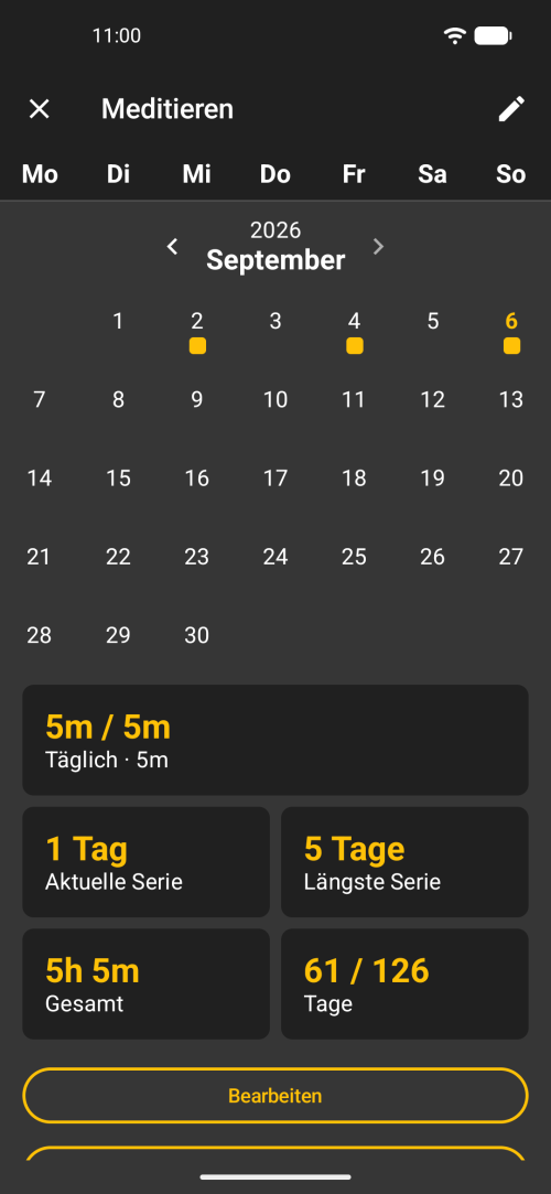 Gewohnheit-Detail mit Streak, Journal-Notiz und Erinnerungen
