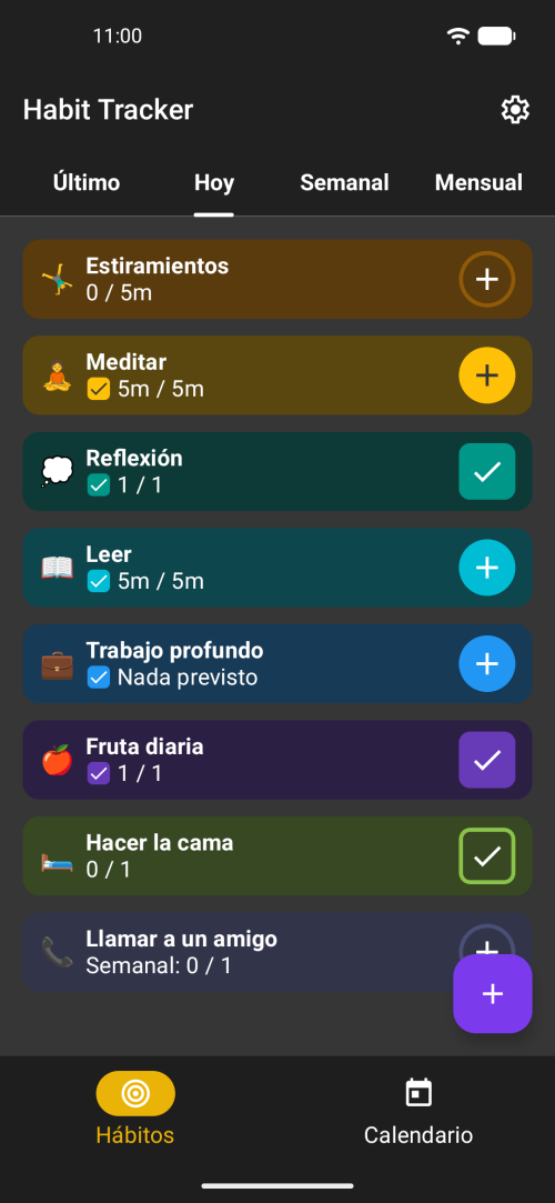 Vista de hoy del rastreador de hábitos offline con hábitos diarios