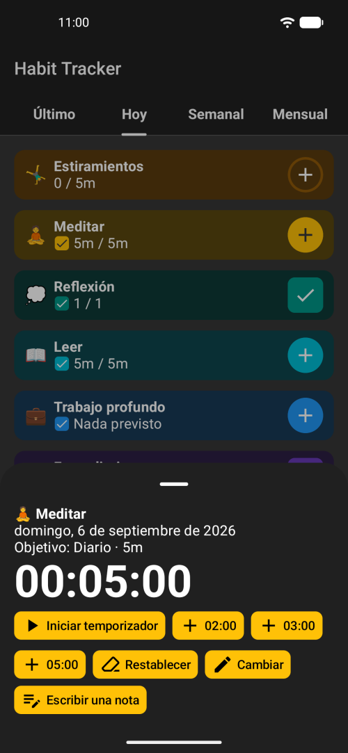 Opciones de temporizador o configuración manual de la hora posteriormente; la toma de notas es opcional