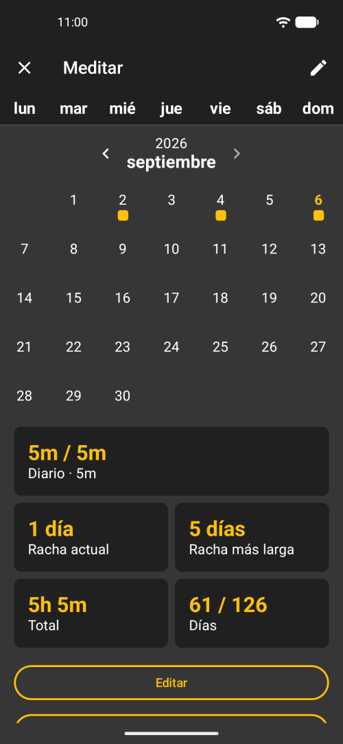 Detalle del hábito con racha, nota de diario y recordatorios