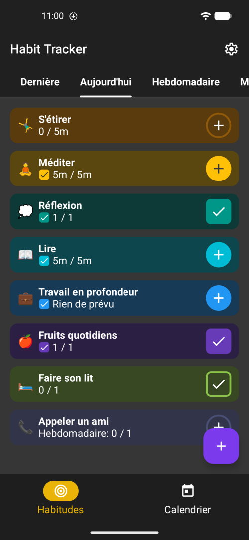 Vue Aujourd’hui du tracker d’habitudes hors ligne avec habitudes quotidiennes