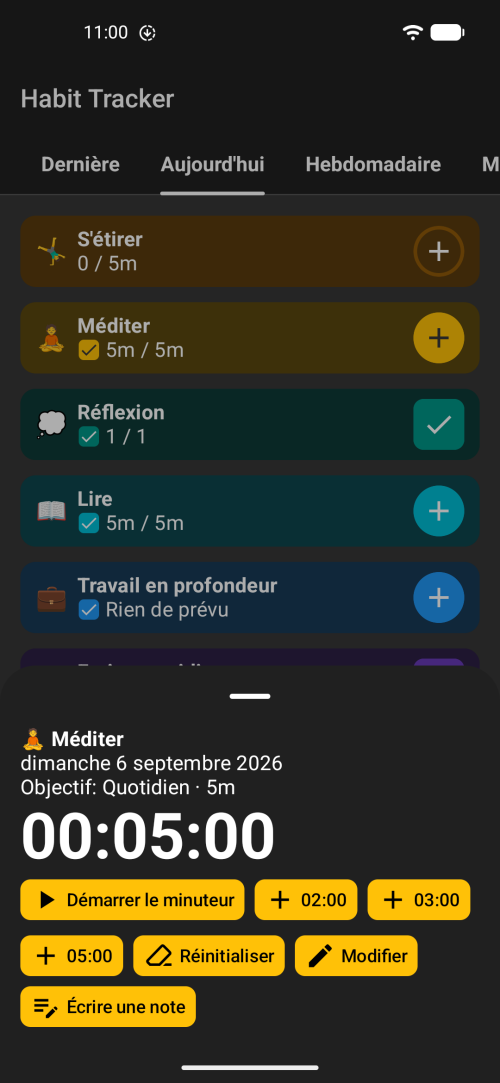 Options de minuterie ou réglage manuel de la durée par la suite ; la prise de notes est facultative