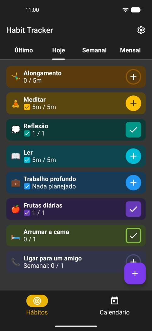 Vista de hoje do rastreador de hábitos offline com hábitos diários