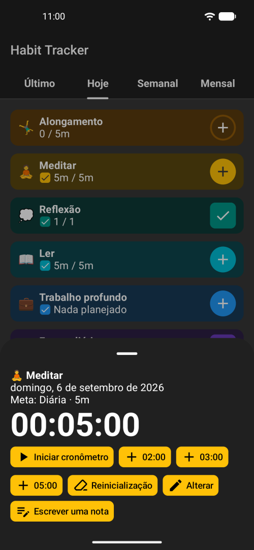 Opções do temporizador ou definir a hora manualmente posteriormente; a tomada de notas é opcional