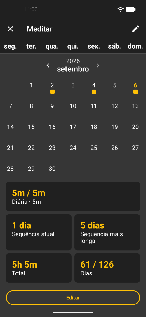 Detalhe do hábito com sequência, nota de diário e lembretes