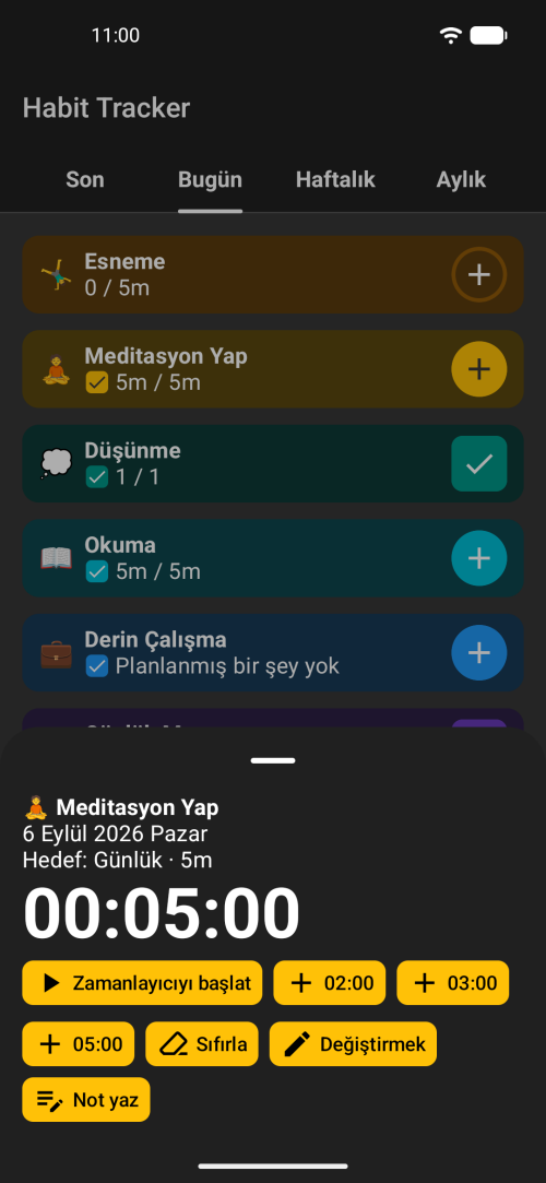 Zamanlayıcı seçeneklerini kullanın veya daha sonra süreyi manuel olarak ayarlayın; not alma isteğe bağlıdır