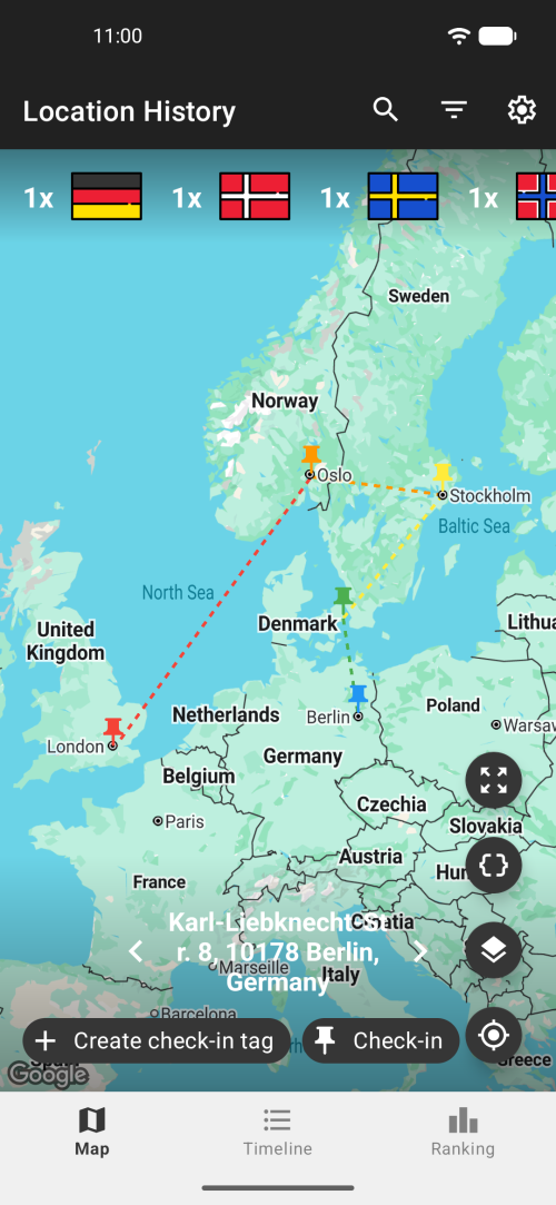 Location History map view showing checked-in places and timeline