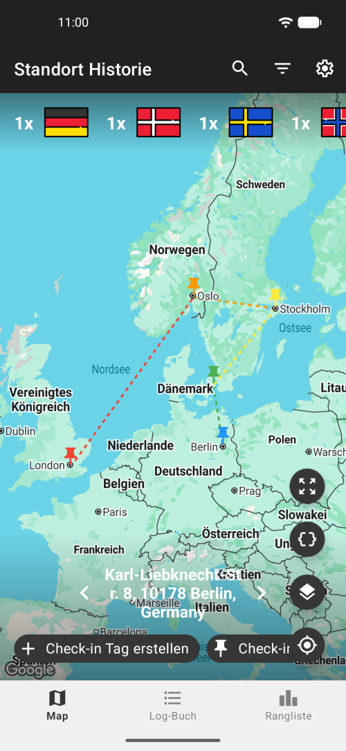Kartenansicht der Standort Historie mit eingecheckten Orten und Timeline