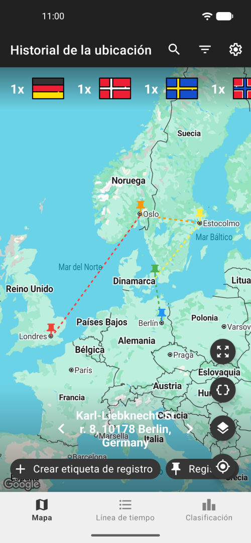Vista de mapa del Historial de ubicación mostrando lugares con check-in y línea de tiempo