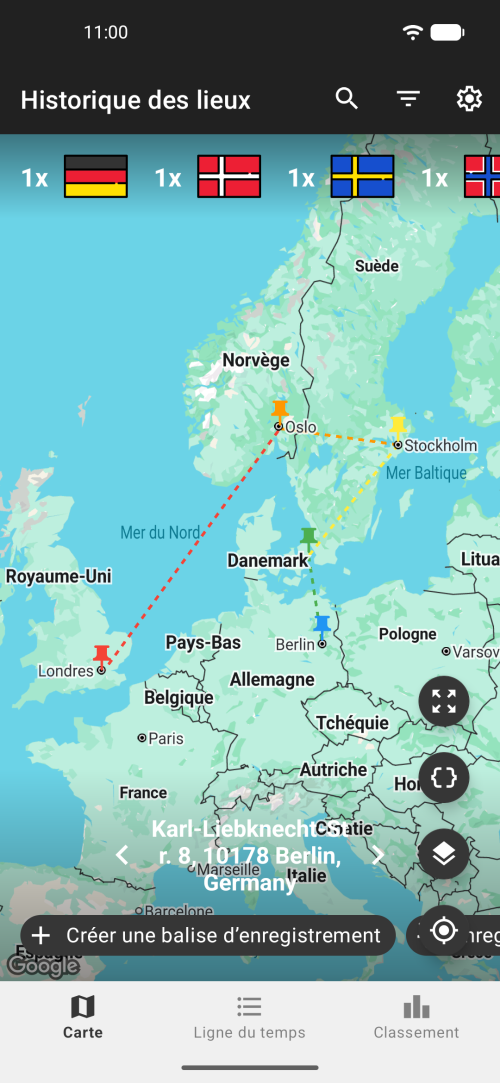 Vue carte de l’Historique de localisation montrant les lieux et la timeline
