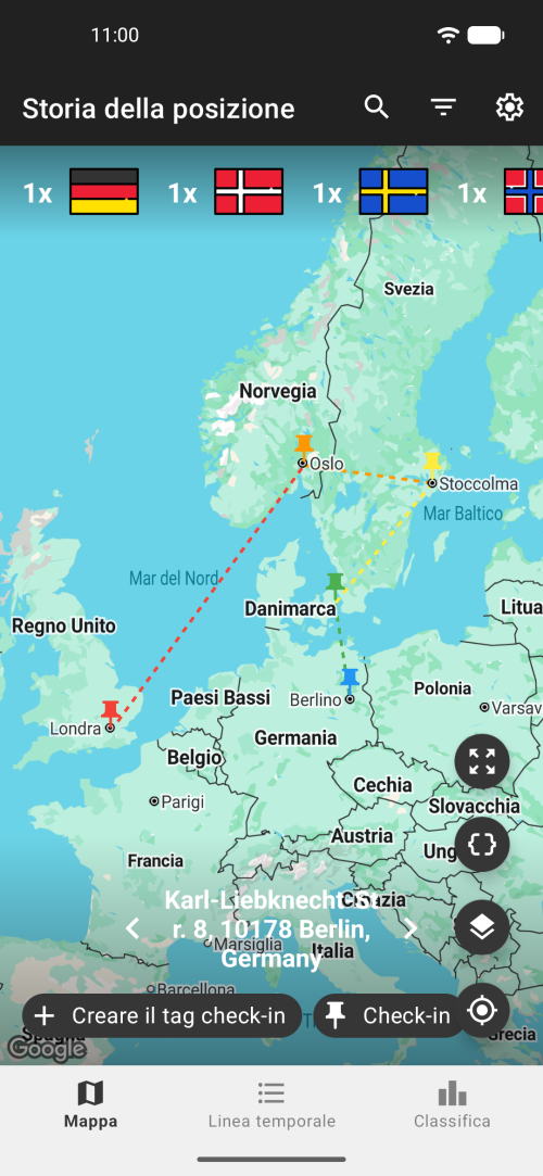 Vista mappa di Cronologia posizioni con luoghi e timeline