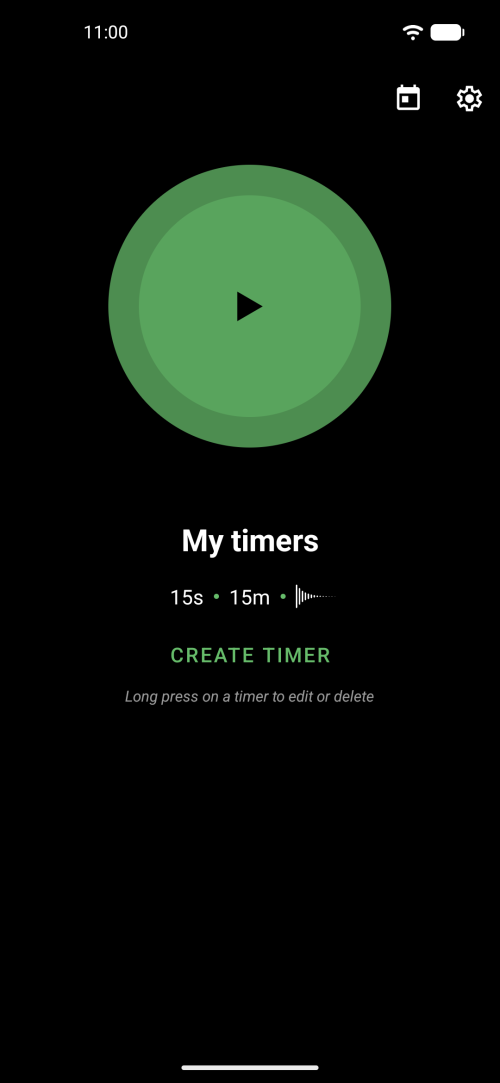 Unguided Meditation Timer main screen with large green start button and saved timers