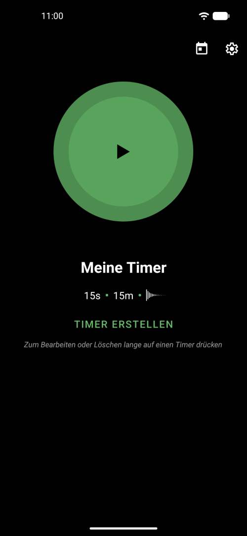 Hauptbildschirm des Unguided Meditation Timers mit großem grünem Start-Button und gespeicherten Timern