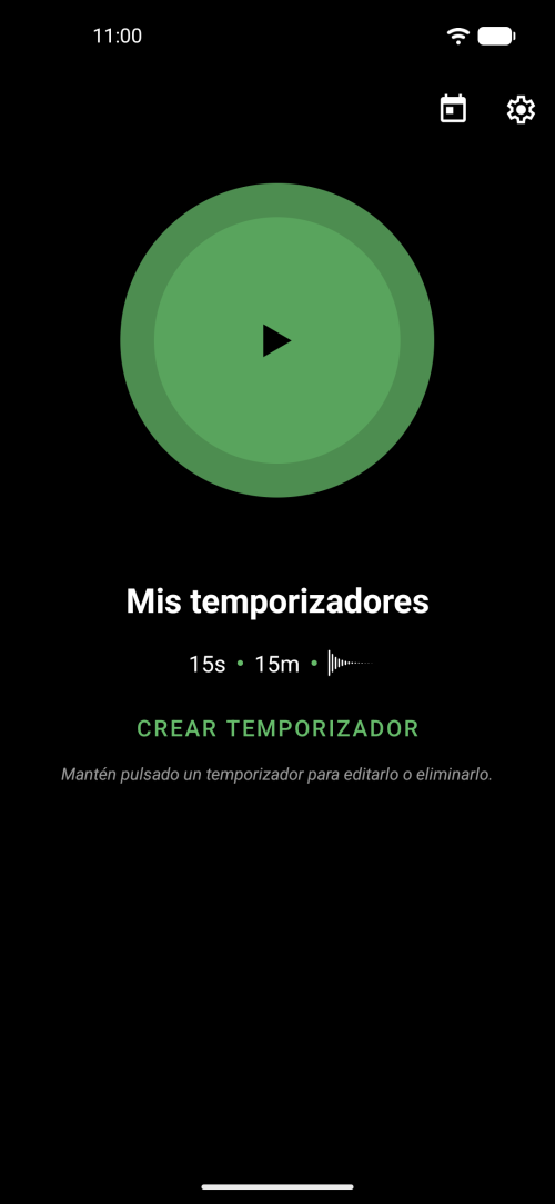 Pantalla principal del temporizador de meditación sin guía con gran botón de inicio verde y temporizadores guardados