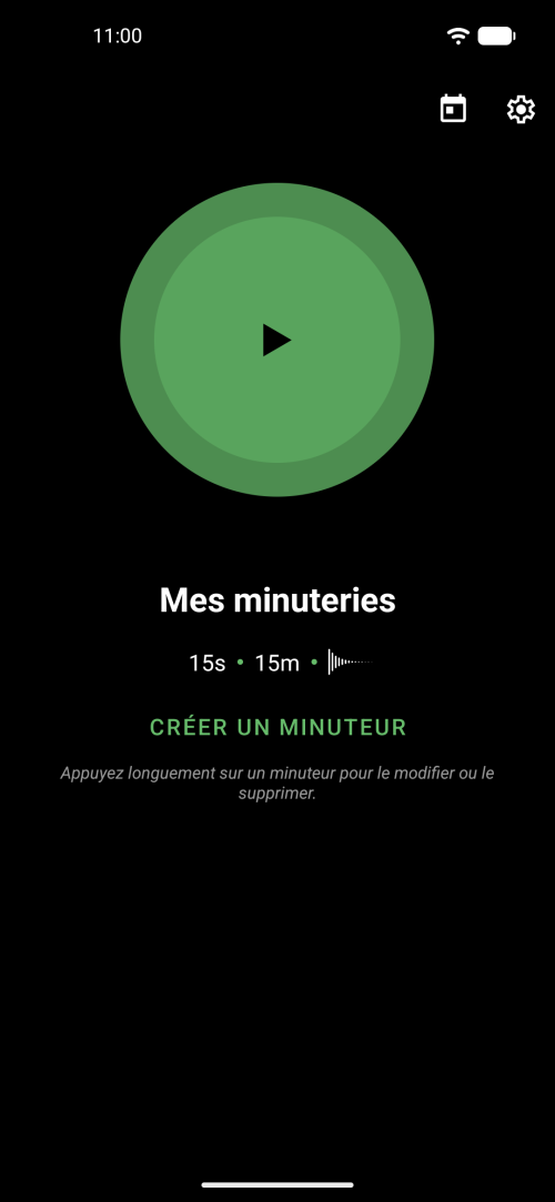 Écran principal du minuteur de méditation non guidé avec grand bouton de démarrage vert et minuteurs enregistrés