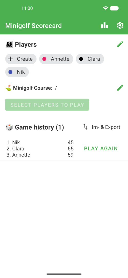 Select players and a Mini Golf course or browse your game history