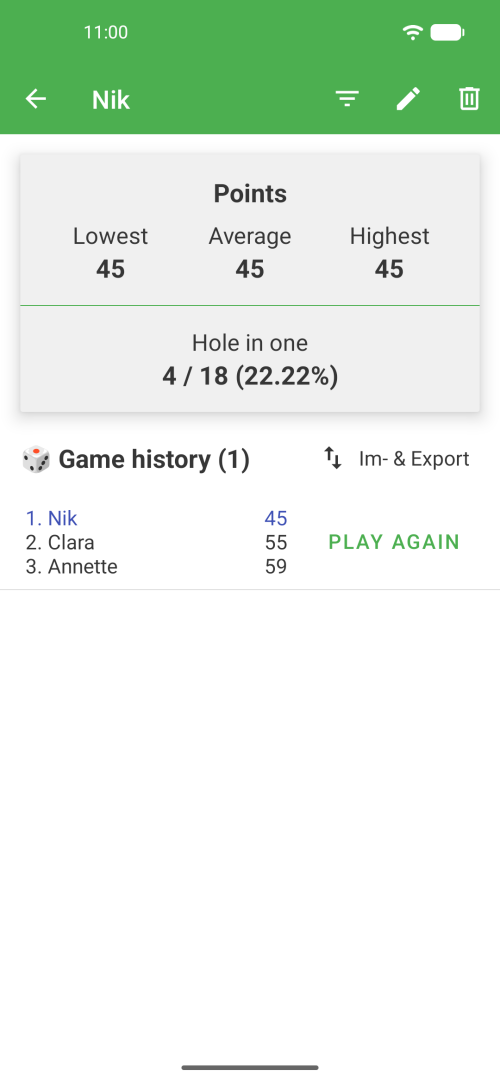 Player profile and statistics with previous Mini Golf rounds