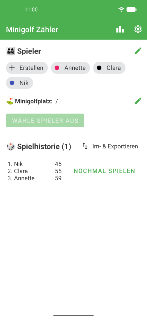 Spieler und eine Minigolf-Bahn auswählen oder Spielhistorie durchstöbern