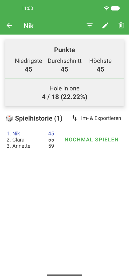 Spielerprofil und Statistiken mit früheren Minigolf-Runden