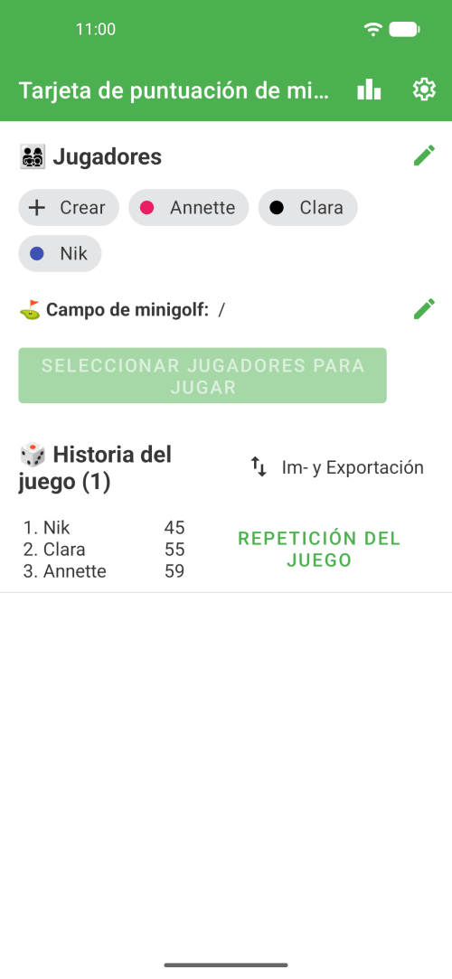 Selecciona jugadores y un campo de Minigolf o consulta tu historial de partidas