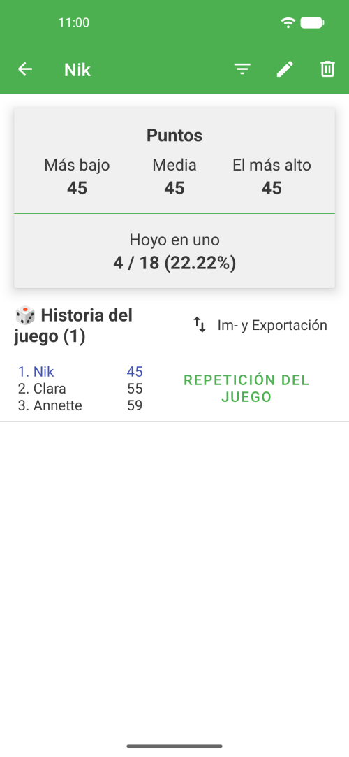 Perfil de jugador y estadísticas con rondas anteriores de Minigolf