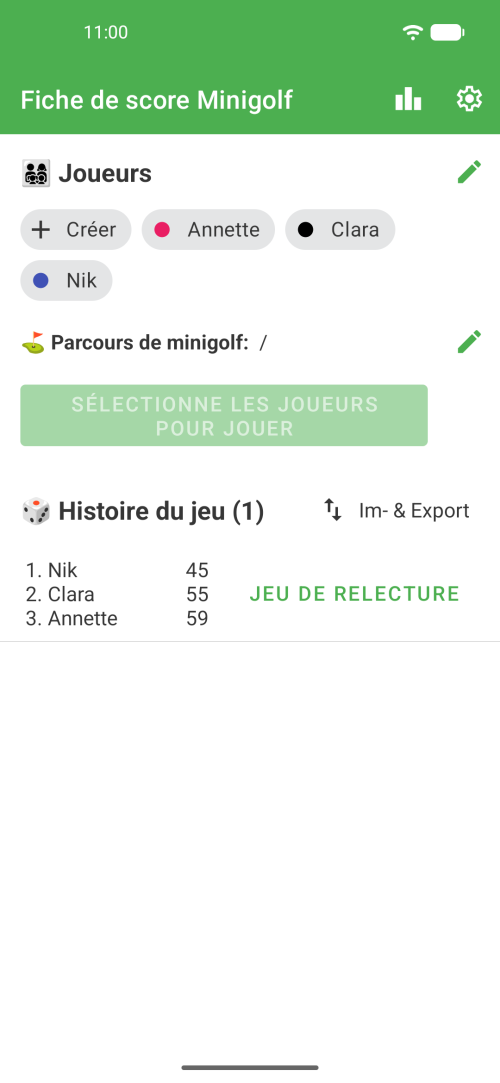 Sélectionnez des joueurs et un parcours de Mini-Golf ou consultez votre historique