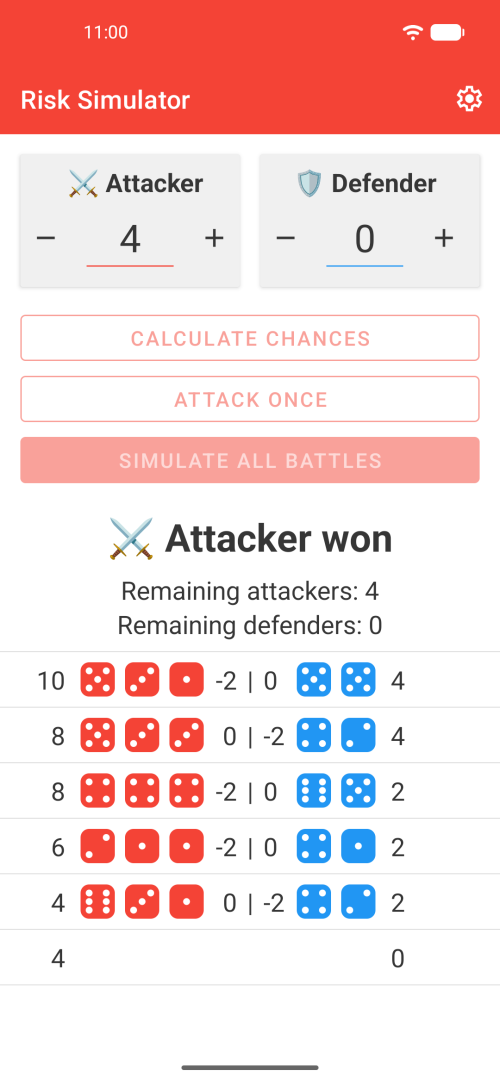 Round-by-round battle log with remaining units