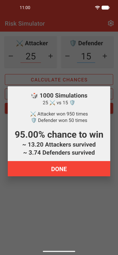Risk Battle Simulator showing attacker and defender armies with win chance