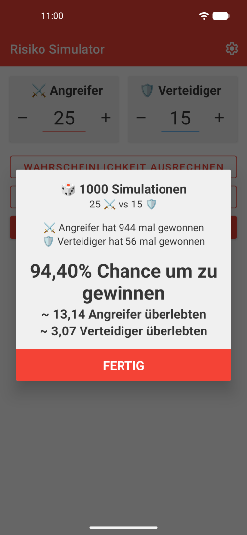 Risiko Battle Simulator mit Angreifer- und Verteidiger-Armeen und Gewinnchance