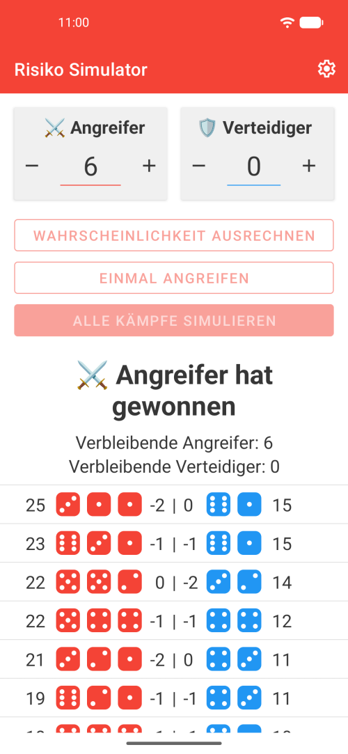 Kampfzusammenfassung mit Gewinnchance und final verbleibenden Armeen